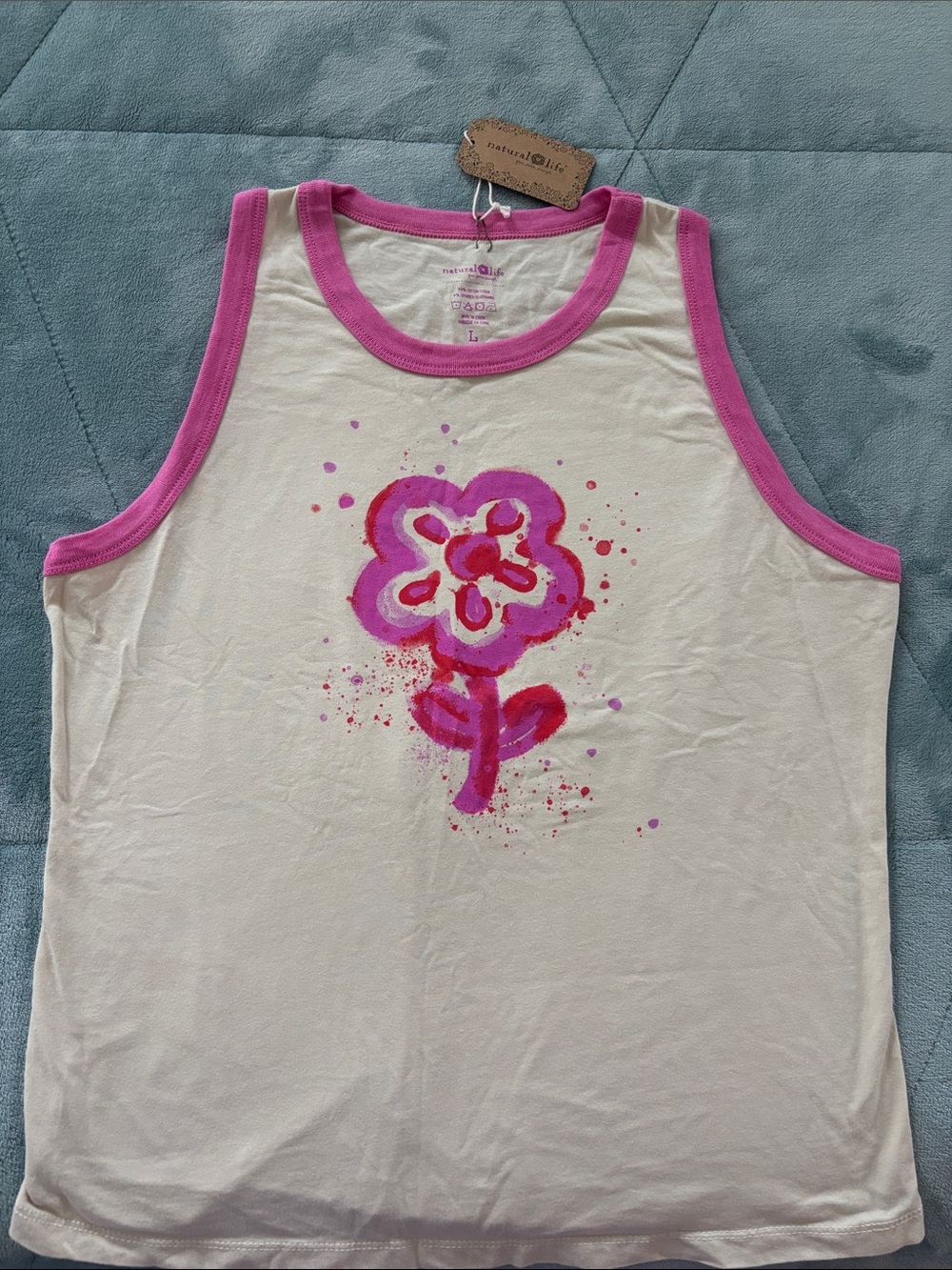 NATURAL LIFE Cream Tank Top with Pink Floral Splash
